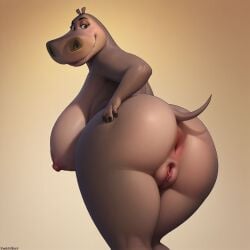 ai_generated anthro anus ass bbw breasts gloria_the_hippopotamus grey_body hippopotamid hippopotamus madagascar_(series) nipples nude nude_female presenting_hindquarters pussy solo solo_female solo_focus tail thick