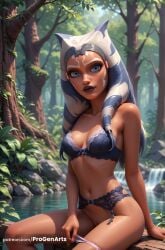 1girls ahsoka_tano ai_generated alien artist_name blue_bra blue_eyes blue_hair bra breasts cleavage clone_wars collarbone colored_skin day face_markings forest garter_belt hi_res humanoid jedi lips long_hair looking_at_viewer lucasfilm markings medium_breasts montrals nature navel orange_skin outdoors panties panty_pull patreon_username progenarts pussy sitting solo star_wars star_wars_rebels tentacle_hair togruta tree uncensored underwear underwear_only water web_address