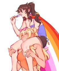 black_fingernail_polish black_fingernails black_hair blonde_hair class_of_'09 couple jecka_(class_of_'09) jeckole lesbian lesbian_couple lesbian_flag lesbians nail_polish nicole_(class_of_'09) ponytail popsicle sitting_on_shoulders transgender_pride_colors wholesome