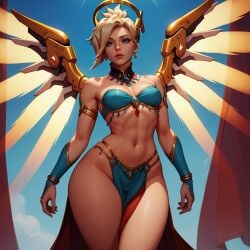 ai_generated blonde_hair blue_eyes eogard_orc loincloth mercy overwatch perfect_body standing wings