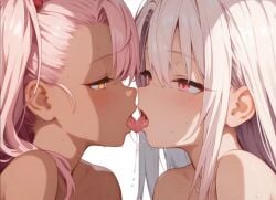 ai_generated blush chloe_von_einzbern drooling fate_(series) french_kiss illyasviel_von_einzbern incest kissing open_mouth pink_hair prisma_illya red_eyes saliva sisters tongue white_hair yellow_eyes yuri