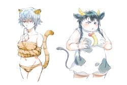 2girls arm_warmers black_hair braided_hair braids breast_grab bubble_tea_challenge canon_genderswap chinese_zodiac chubby chubby_female cleavage cow_ears cow_girl cow_horns cow_print cow_tail drinking female female_only genderswap_(mtf) ginko_sakata gintama gintoki_sakata grabbing_own_breast hangleing hijikata_tenko hijikata_toshiro long_hair mayonnaise medium_breasts object_between_breasts official_alternate_costume overweight overweight_female red_eyes rule_63 short_hair thighhighs tiger_ears tiger_girl tiger_print tiger_tail twin_braids white_hair year_of_the_ox year_of_the_tiger