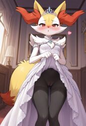ai_generated braixen dress_lift female hesitant imminent_sex nintendo pokemon pokemon_(species) presenting presenting_pussy princess pussy royalty seductive