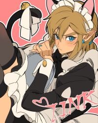 1boy blonde_hair blue_eyes breath_of_the_wild brush cat_ears cat_tail catboy crossdressing earrings femboy haoda1ke link link_(breath_of_the_wild) looking_at_viewer maid maid_headdress maid_outfit maid_uniform nintendo solo solo_focus solo_male stockings the_legend_of_zelda twink