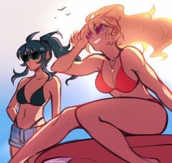 2girls adjusting_eyewear aurawra21 bikini bikinis black_hair blonde_hair class_of_'09 jecka_(class_of_'09) nicole_(class_of_'09) ponytail sunglasses tinted_eyewear