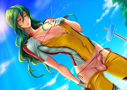 1boy androgynous areola bikini bikini_bra breast_milk crossdressing cum fingerless_gloves girly green_eyes green_hair lactation long_hair makishima_shougo male male_lactation nipples outdoor pants penis penis_in_panties skin_tight solo trap yowamushi_pedal