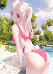 1girls bae.c bathing_suit beach blush bunny_ears bunny_girl_(bae.c) bunny_tail bush clear_sky cloud light-skinned_female light_skin looking_at_viewer looking_back original original_character palm_tree pink_eyes pink_hair ponytail questionable rock sand sky sun_rays sunlight swimsuit water wet white_hair