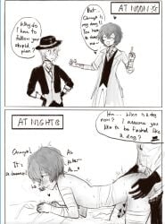 2_panel_comic 2boys anal anal_sex bed bed_sheet black_gloves black_pants blush blushing_male bungo_stray_dogs bungou_stray_dogs censored chuuya_nakahara comic comic_page comparison dark_hair dark_hair_male dazai_osamu dialogue doggy_style domination dress_pants erect erect_penis erect_while_penetrated erection eyes_rolled_back eyes_rolling_back eyes_rolling_up from_behind from_behind_position fucked_from_behind gloves gripping_ass hand_on_hip hands_on_hips heart_censor in_bed male male_on_male male_only male_penetrated male_penetrating male_penetrating_male maledom malesub multiple_boys nakahara_chuuya naked naked_male nude nude_male on_bed open_mouth osamu_dazai submissive submissive_male text two_panel_image