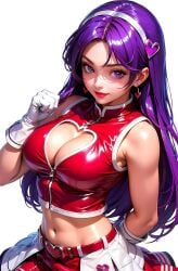 1girls ai_generated athena_asamiya belt big_breasts cleavage cleavage_cutout clothed earrings female gloves heart heart_symbol jacket jacket_open king_of_fighters leather leather_clothing leather_jacket light-skinned_female light_skin lipstick long_hair purple_eyes purple_hair skirt