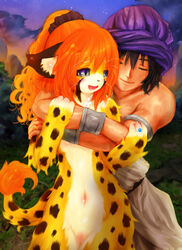 anthro armlet armor blush bracers breasts brown_hair cheetah clothed clothing feline hair hairband human mammal navel nude open_mouth orange_hair pussy ring tetetor-oort tirol