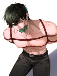 abs arms_behind_back big_pecs black_hair blue_eyes bondage bondage dark_green_hair erect_nipples gag gagged gintama high-angle_view hijikata_toshiro looking_at_viewer male male_only muscular muscular_male nipples omodongmodong pecs restrained rope rope_bondage sweat tape_gag taped_mouth topless topless_male