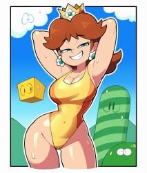 arms_behind_head blue_eyes brown_hair crown earrings female female_focus female_only one-piece_swimsuit princess_daisy stealth_brock sweat sweatdrop swimsuit