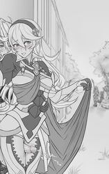 1boy 1girls armor blush clothed_sex corrin_(female)_(fire_emblem) corrin_(fire_emblem)_(female) corrin_(fire_emblem)_(male) corrin_(male)_(fire_emblem) cum cumshot ejaculation female fire_emblem fire_emblem_fates full_armor highres long_hair monochrome outdoors outercourse selfcest solo_focus stealth_sex straight thigh_sex thighjob uncensored unsomnus