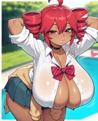 1girls ahoge ai_generated alternate_skin_color arms_behind_head arms_up big_breasts bimbo blouse bow breasts choker cleavage cleavage_cutout curvaceous curvy curvy_female curvy_figure dark-skinned_female female female_only gigantic_breasts gyaru hair_ornament huge_breasts kasane_teto kasane_teto_(sv) large_breasts lips lipstick massive_breasts miniskirt mochipawg open_blouse pink_lips pink_lipstick plump_breasts plump_lips red_eyes red_hair skindentation skirt solo solo_female sweat sweater_around_waist sweating synthesizer_v tan_body tanned tanned_female thick_thighs thighs twin_drills utau voluptuous voluptuous_female wide_hips