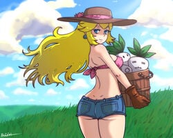 akairiot ass blonde_hair blue_eyes daisy_dukes earrings female female_only fully_clothed gloves hat human long_hair mario_(series) nintendo outdoors princess_peach short_shorts shorts solo standing super_mario_bros._2 turnip