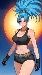 1girls belt big_breasts big_breasts black_clothing blue_eyes blue_hair clothed earrings female female gloves king_of_fighters leona_heidern light-skinned_female light_skin long_hair looking_at_viewer moon moonlight necklace shorts tank_top thick_thighs thighs tied_hair wide_hips