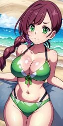 1girls ai_generated beach beach_background belly belly_button big_breasts bikini braid braided_hair breasts chloe_(pokemon) cleavage collarbone female game_freak gamefreak green_bikini green_eyes large_breasts light-skinned_female light_skin nintendo ocean ocean_background pokemon pokemon_(anime) pokemon_journeys purple_hair revealing_clothes ryuzam sideboob single_braid solo standing thighs thin_waist