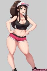 ai_generated big_breasts cleavage curvy girl hilda_(pokemon) nintendo pokemon pokemon_trainer short_shorts solo waifulifestyle_(artist) wide_hips