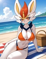 ai_generated anthro big_breasts bikini breasts cinderace creatures_(company) female furry game_freak gamefreak kemonogirls large_breasts nintendo orange_bikini orange_swimwear pokemon pokemon_(species) revealing_clothes solo swimsuit swimwear white_fur