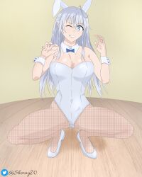 big_breasts blue_eyes bunny_ears bunnysuit date_a_live:_date_a_bullet female fishnets girl higoromo_hibiki legs_open long_hair sexy_pose sheong_wong white_hair winking_at_viewer