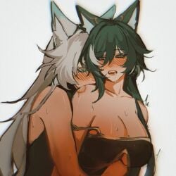 2girls bite bite_mark biting blue_eyes clothed dress female_only fox_ears hands_around_waist holding honkai:_star_rail honkai_(series) hoyoverse large_breasts purple_eyes sweat teal_hair white_background white_hair white_highlights xxxoncrack2069 yuri