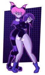 2girls black_bodysuit bodysuit clothed_sex dc female female_focus female_only fingering gray_skin jinx_(dc) multiple_girls nipples_visible_through_clothing raven_(dc) singlesalt teen_titans yuri