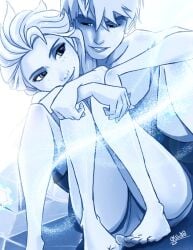 1boy 1girls bare_legs bare_thighs crossover crossover_pairing disney dreamworks elsa_(frozen) female frozen_(film) hugging_from_behind jack_frost jack_frost_(rise_of_the_guardians) jelsa male male/female paramount_pictures rise_of_the_guardians shorts straight toes