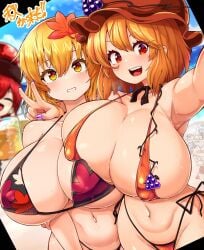 3girls almost_naked armpits beach belly belly_button big_breasts bikini blonde_hair blush breasts breasts_bigger_than_head color colored curvy curvy_female curvy_figure erect_nipples erect_nipples_under_clothes female female_only goddess hat hecatia_lapislazuli huge_breasts large_breasts minoriko_aki peace_sign pespeso red_eyes red_hair selfie shizuha_aki short_hair sisters smiling sweat touhou venus_body voluptuous voluptuous_female yellow_eyes