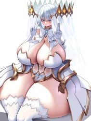 2d 2d_(artwork) ass belly_button belly_button_visible_through_clothing big_breasts blue_eyes breasts cleavage clothed date_a_live dress enormous_breasts female female_only light-skinned_female ribbon short_hair solo solo_female thick_thighs thighs tobiichi_origami white_dress white_hair