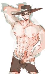 1boy armpits bara boxers exposed_chest guilty_gear happy_trail hat isleaf jerkingoff johnny_(guilty_gear) male male_focus male_only muscles muscular muscular_male nipples pecs precum_drip pubic_hair sunglasses white_background