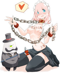 1girls black_legwear blue_eyes blush body_writing breasts breath chains collar cyclops facial_hair female femsub green_eyes grin hair hammer hat headgear heart maid maid_headdress moustache navel one-eyed open_clothes open_mouth open_shirt original pink_hair shirt skirt smile spoken_heart submissive_female takagi_(tansuke) tally tansuke tears text thighhighs top_hat translated