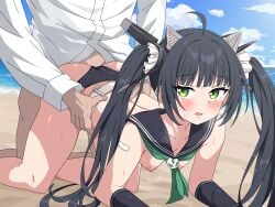 1boy absurdres all_fours animal_ears ass azur_lane bandaid bandaid_on_arm beach bent_over bikini bikini_bottom_aside black_hair black_sailor_collar blush breasts cat_ears clothed_sex clothing_aside commission day doggy_style exhibitionism facing_viewer female green_eyes green_neckerchief highres i-58_(azur_lane) kneeling long_hair looking_back mechanical_ears neckerchief nipples ocean outdoors parted_lips pixiv_commission public_indecency rehu_(mangyu) sailor_collar sex sex_from_behind small_breasts solo_focus straight swimsuit topless torso_grab twintails very_long_hair