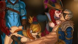 2girls 2males aatrox assisted_fellatio bilgewater_series captain_fortune corsair_quinn eye_patch fellatio female gangbang garen_crownguard league_of_legends male miss_fortune multiple_girls nesoun oral penetration penis quinn rogue_admiral_garen sex teamwork tongue