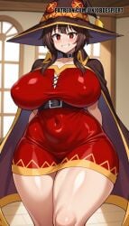 ai_generated alternate_breast_size bangs blush breasts brown_hair choker dress female hair hat hips huge_breasts kono_subarashii_sekai_ni_shukufuku_wo! looking_at_viewer megumin only red red_eyes short skin smile thick_thighs thighs wide witch_hat