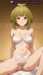 1girls ai_generated anime anime_style antenna_hair arm_support bangs bare_shoulders bashame_meme bed biting_own_lip blush bow bow_bra bow_panties bra breasts brown_eyes bust busty cameltoe cleavage collarbone female female_focus female_only green_hair grin knee_up lace-trimmed_bra lace-trimmed_panties lace_trim lingerie looking_at_viewer medium_breasts natsuyoru navel on_bed panties pantsu parted_lips shikanoko_nokonoko_koshitantan short_hair sitting smile solo solo_female spread_legs stomach thighs underwear underwear_only voluptuous voluptuous_female white_bra white_panties