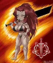 big_breasts black_bra gebura_(lobotomy_corporation) holding_object library_of_ruina long_hair muscular muscular_female project_moon red_hair scars scars_all_over smoking sprite sprite_edit thick_thighs