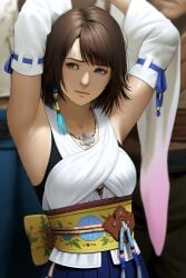 ai_generated armpits arms_above_head arms_up final_fantasy_x heterochromia kimono looking_away necklace sad square_enix su_whore_(artist) sweat sweating sweaty sweaty_armpits unwanted_exposure upset yuna