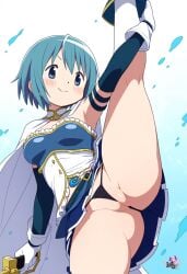 ai_generated artist_logo blue_eyes blue_hair boots cape cute highres madoka_worship magical_girl magical_girl_outfit mahou_shoujo_madoka_magica miki_sayaka puella_magi_madoka_magica short_hair splits standing standing_on_one_leg standing_split thick_thighs thighhighs thong