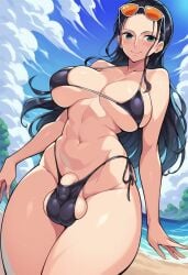 1futa ai_generated bikini bulge bulge_through_clothing eyewear_on_head flaccid flaccid_penis futa_only futa_sans_pussy futanari huge_cock majima69 nico_robin one_piece shades skimpy sunglasses