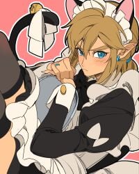 1boy blonde_hair blue_eyes breath_of_the_wild brush cat_ears cat_tail catboy crossdressing earrings femboy haoda1ke link link_(breath_of_the_wild) looking_at_viewer maid maid_headdress maid_outfit maid_uniform nintendo skirt solo solo_focus solo_male stockings the_legend_of_zelda twink