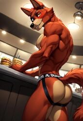 ai_generated anthro anthro_male ass back biceps blush five_nights_at_freddy's fox foxy_(fnaf) furry gay jockstrap jockstrap_only looking_at_viewer looking_back male male_only muscular muscular_male nude_male pecs smile toned_body toned_male twall97