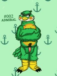 3:4 admiral_(animal_crossing) animal_crossing anthro avian balls belly_hair bird bird_penis body_hair crossed_arms eyebrows feathers furry genitals green_body grumpy male nintendo onikuma_(artist) rosy_cheeks slightly_chubby slightly_chubby_male solo tail tail_feathers unibrow