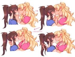 2girls aurawra21 black_hair blonde_hair blush blushing bracelet class_of_'09 fingers_in_hair french_kiss french_kissing hand_in_hair hand_on_cheek hand_on_neck hand_on_shoulder jecka_(class_of_'09) jeckole kissing lesbian_pride_bracelet lesbian_pride_colors lesbian_pride_fingernails lesbian_pride_nail_polish making_out nicole_(class_of_'09) playing_with_hair ponytail saliva saliva_trail yuri