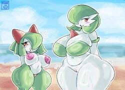 anthro areola beach big_areola big_breasts big_nipples bottomless breasts clothed clothing curvy_figure duo eyelashes female female/female gardevoir generation_3_pokemon genitals green_body green_hair green_skin hair huge_areola huge_breasts huge_nipples humanoid kirlia looking_at_viewer moonix_xero navel nintendo nipples nude open_mouth pink_areola pink_nipples pokemon pokemon_(species) pussy red_eyes seaside short_stack signature size_transformation slightly_chubby solo spikes spikes_(anatomy) standing thick_thighs topless topwear topwear_only transformation voluptuous white_body white_skin wide_hipped_female