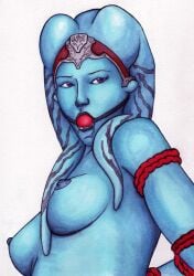 1girls alien alien_girl ball_gag blue_skin bondage breasts female gag gagged hutt-life nipples rope solo star_wars star_wars:_the_old_republic twi'lek vette