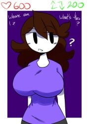 1girls 2d 2d_(artwork) ? big_breasts breasts brown_hair clothed clothed_female clothing english_text female female_only full_comfort jaiden jaiden_animations large_breasts long_hair open_mouth purple_shirt shirt solo strip_game text unaware white_skin youtube youtuber