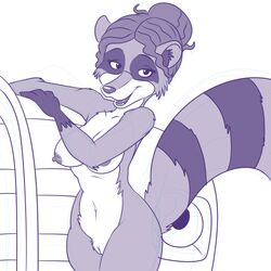 anthro black_eyes breasts eyebrows eyelashes female fur hair happy inner_ear_fluff lonbluewolf looking_at_viewer mammal monochrome ms._frizzle navel nipples nude open_mouth pussy raccoon raised_tail simple_background sketch solo teeth the_magic_school_bus tongue white_background white_sclera wide_hips