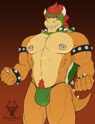 5_fingers abs anthro areola biped bowser bracelet bulge claws clothing collar countershade_face countershade_torso countershading eyebrows fingers g-string gradient_background green_face green_skin green_thong grimsvault hi_res horn jewelry koopa male mario_(series) muscles muscular muscular_anthro muscular_male navel nintendo nipple_piercing nipples orange_hair pecs pectorals piercing red_eyes scalie solo spiked_bracelet spiked_collar spiked_shell spikes spikes_(anatomy) tagme tail underwear yellow_body yellow_skin