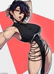 abs absurdres black_hair blue_eyes blush breasts covered_erect_nipples female highres kill_la_kill large_breasts looking_at_viewer matoi_ryuuko multicolored_hair muscular muscular_female piercing red_hair short_hair solo stopu streaked_hair tomboy tongue tongue_out tongue_piercing two-tone_hair