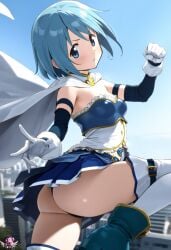 ai_generated artist_logo ass ass blue_eyes blue_hair cute female heroine highres madoka_worship magical_girl magical_girl_outfit mahou_shoujo_madoka_magica microskirt miki_sayaka puella_magi_madoka_magica short_hair solo solo_focus thick_ass thick_thighs thighhighs upskirt